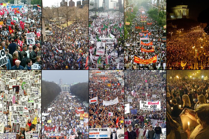 Đầu tháng 3/2003: Biểu tình chống chiến tranh ở Iraq được tổ chức tại các thành phố Madrid, New York, Jakarta, Calcutta, Rome, London, Berlin, Marseille, San Francisco, và Montevideo.